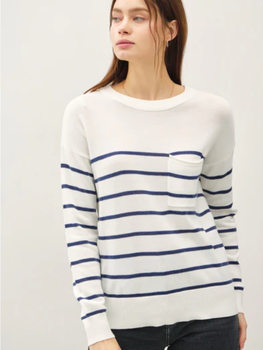 White & Navy Striped Pocket Crew Sweater